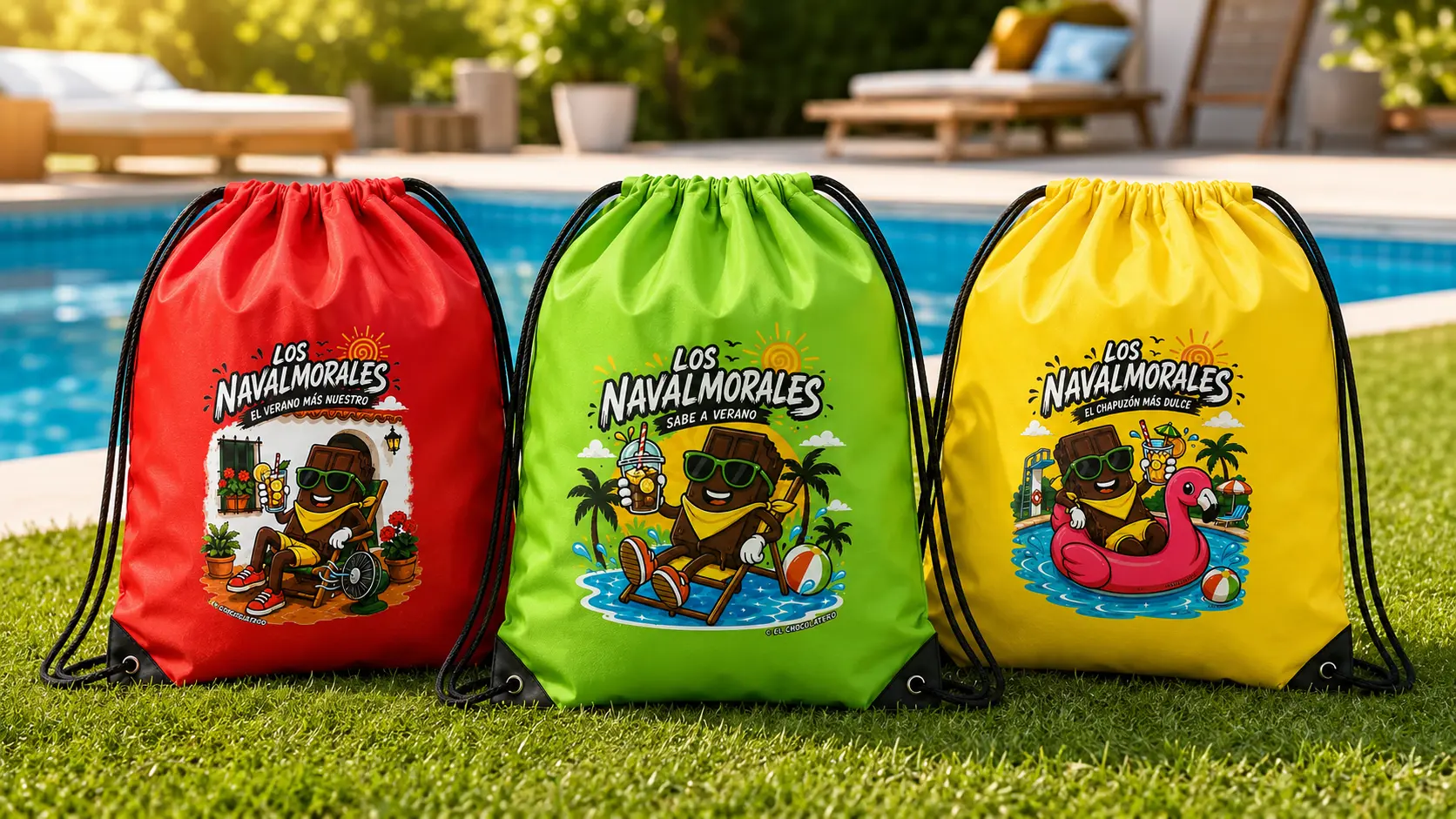 Mochilas de verano de El Chocolatero en color rojo, verde y amarillo