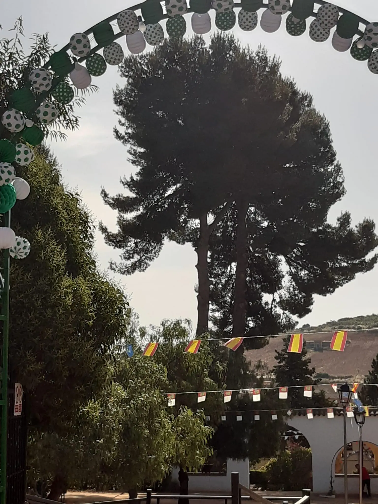 Vista del arco principal con banderas y farolillos en el parque