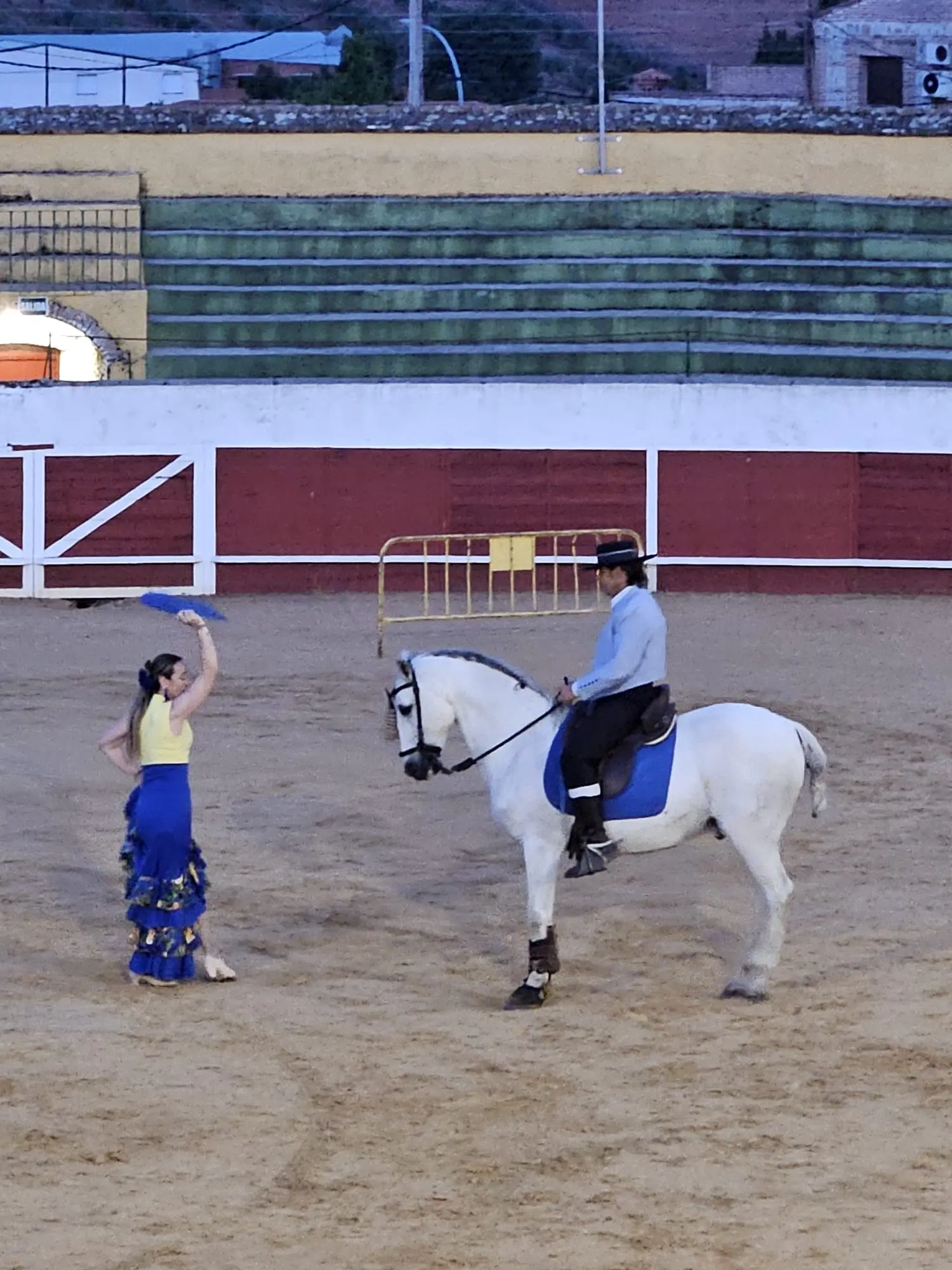 Exhibición ecuestre con caballo blanco y mujer bailando con abanico