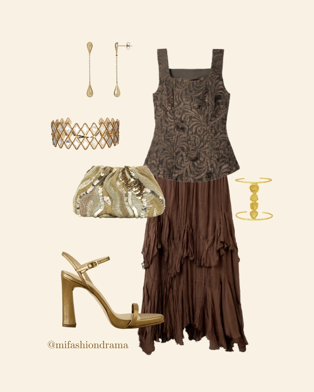 Moodboard de invitada de tarde-noche con texturas, capas, tonos marrones y accesorios dorados