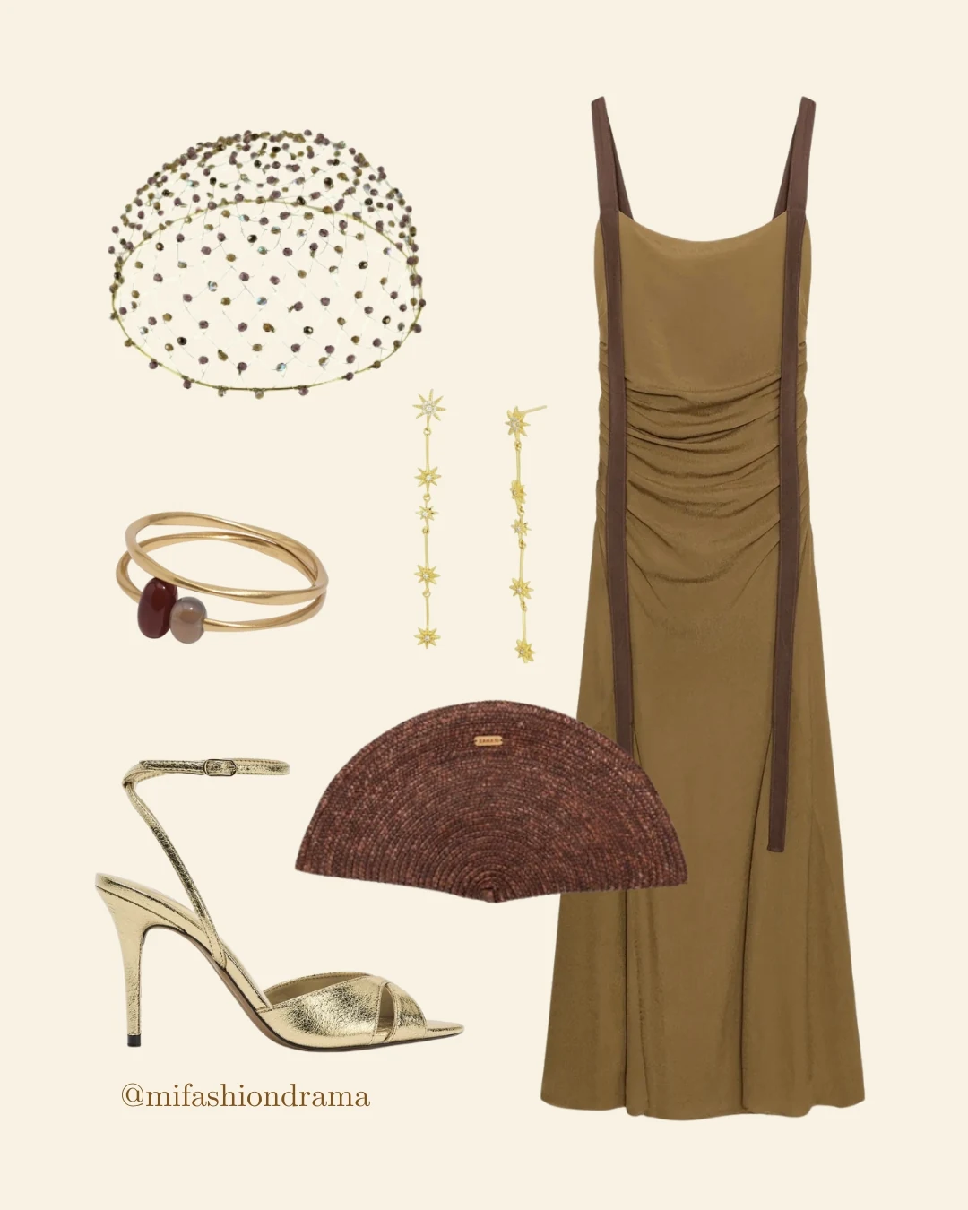 Moodboard de invitada de tarde-noche con vestido dorado, accesorios joya y estética sofisticada