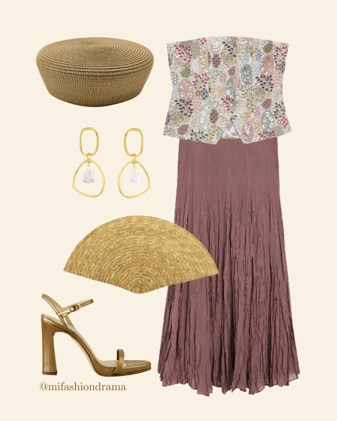 Moodboard de invitada de día con casquette de rafia, falda rosa, top floral, bolso de rafia y accesorios dorados