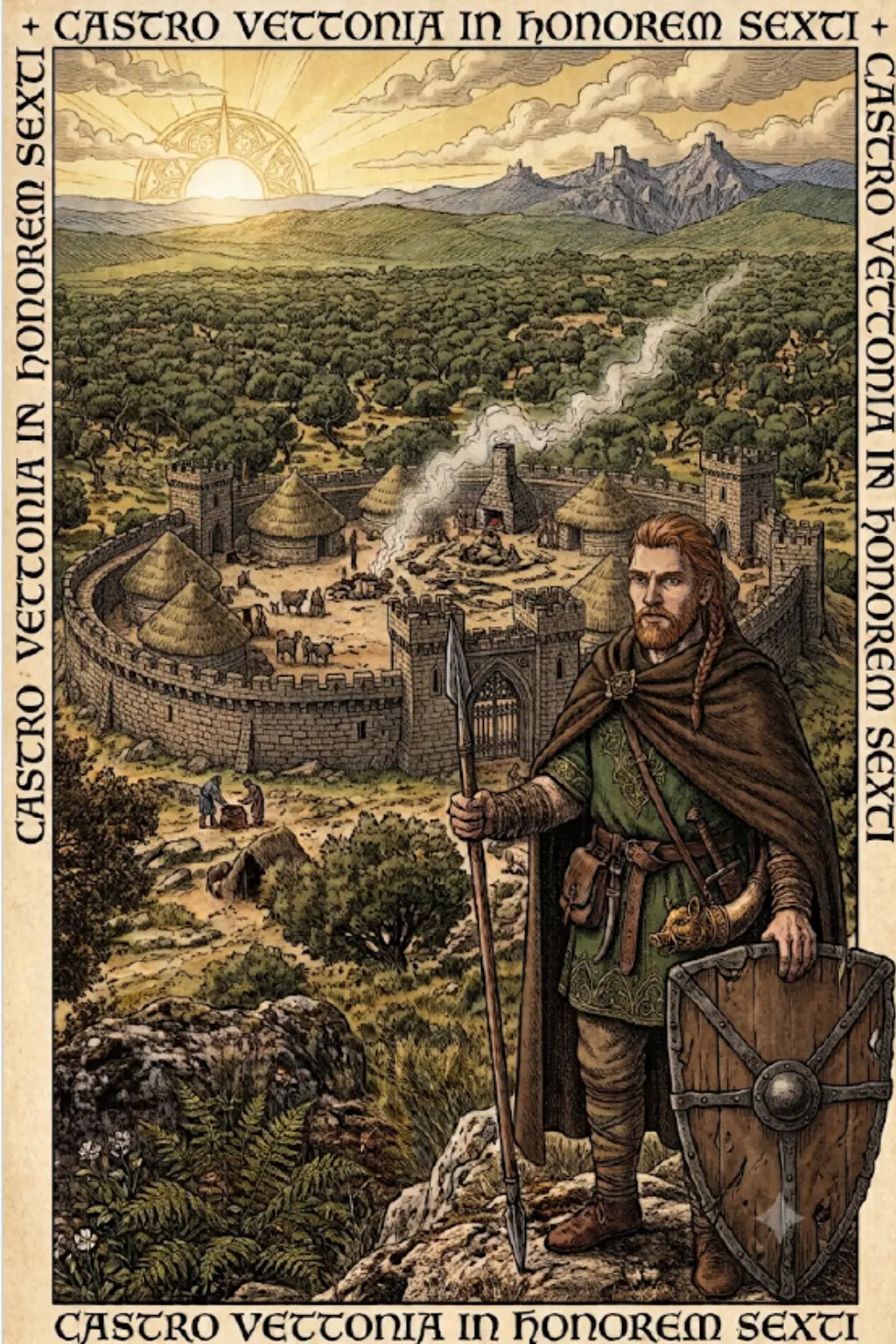 Ilustración editorial de un verraco vetón ante un castro y el paisaje histórico de La Jara